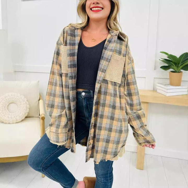 Damen Oversized Karo-Hemdjacke mit fransigen Details Drune