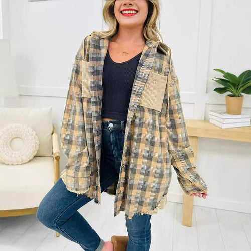 Damen Oversized Karo-Hemdjacke mit fransigen Details Drune