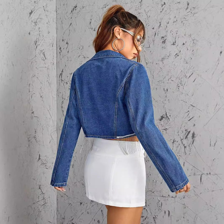 Damen cropped Jeansjacke mit lässigem Schnitt und fransen Details Drune