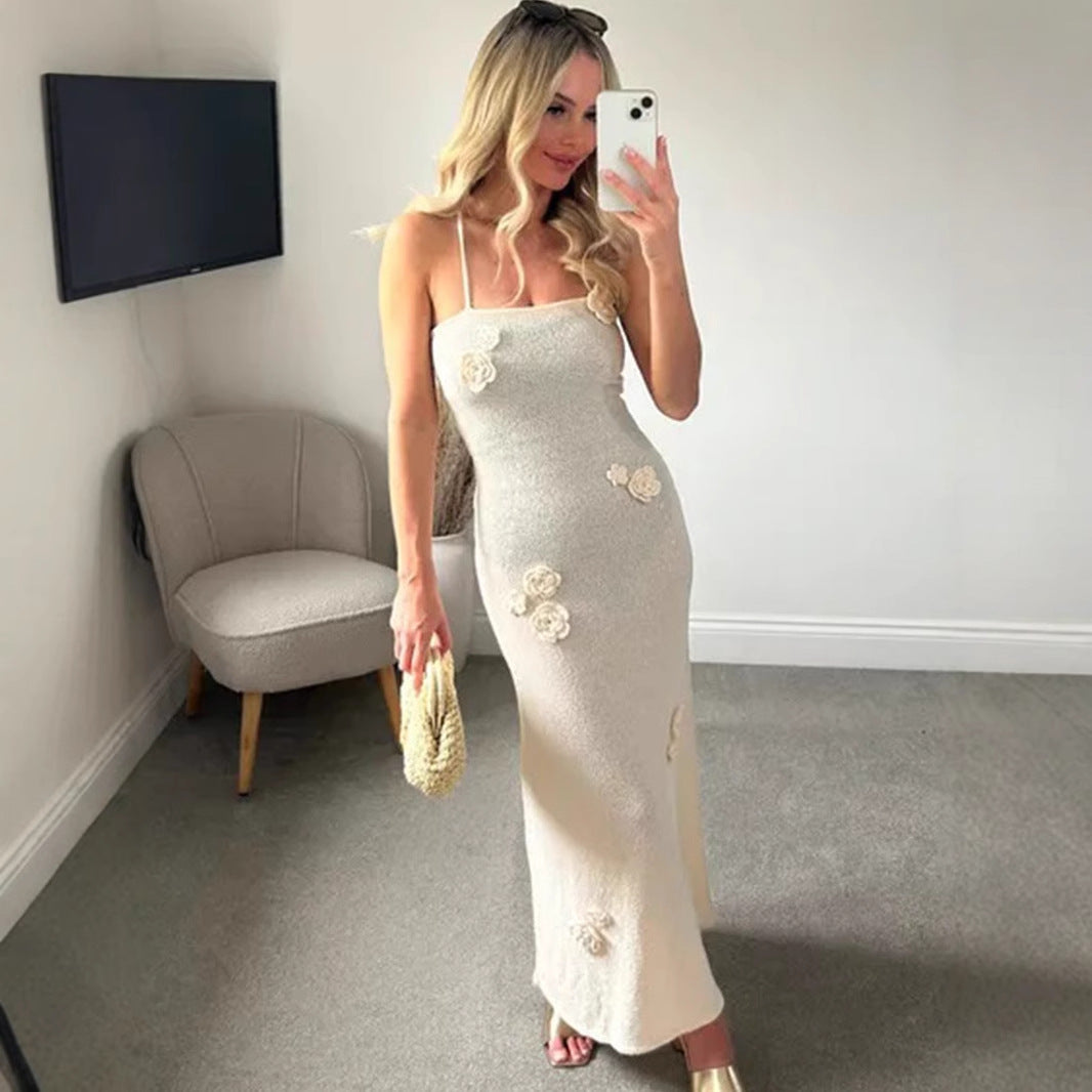 Damen Elegantes Maxikleid mit floralen Applikationen und Spaghetti-Trägern Drune