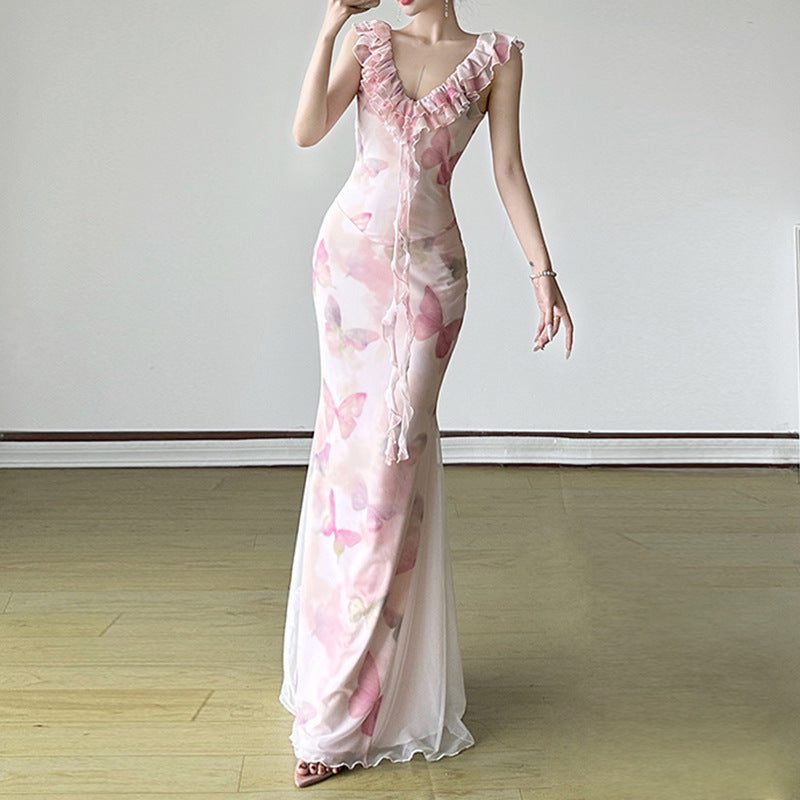 Damen Maxikleid aus transparentem Chiffon mit Rüschendetails und floralem Design Drune