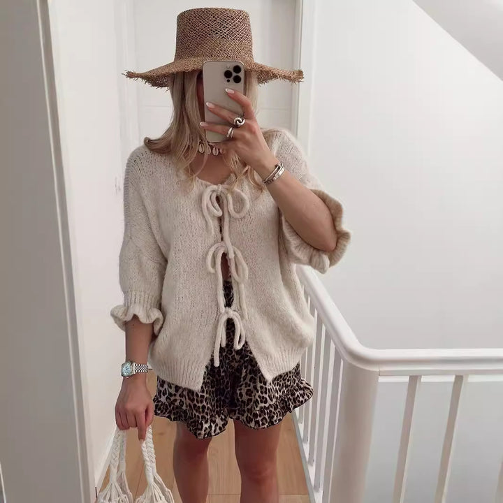Damen lässiger Cardigan mit verspielten Schnürdetails und kurzen Ärmeln Drune