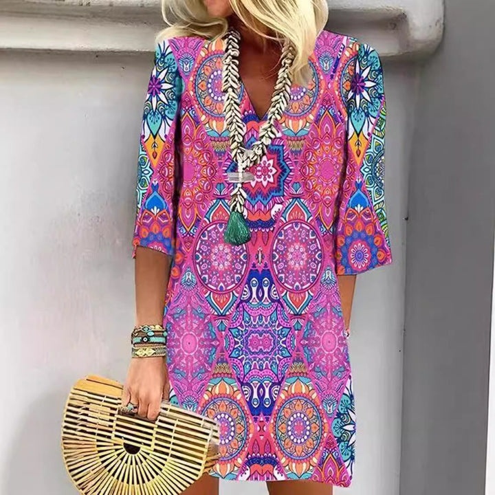 Damen nan kurzes Boho Strandkleid im Mandala-Print mit V-Ausschnitt, dreiviertel-Ärmeln und legerer A-Linie Drune