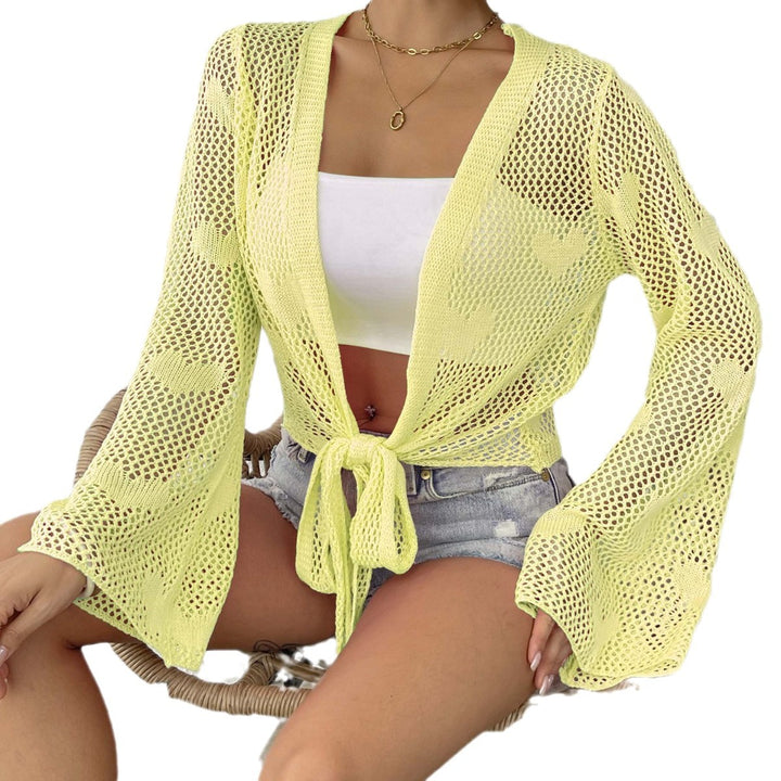 Damen luftiger Strick-Kimono mit offener Front und Kordelzug Drune