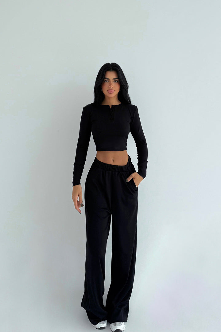 Damen lässiges Cropped-Top mit Knopfleiste und bequemen Jogginghose Drune