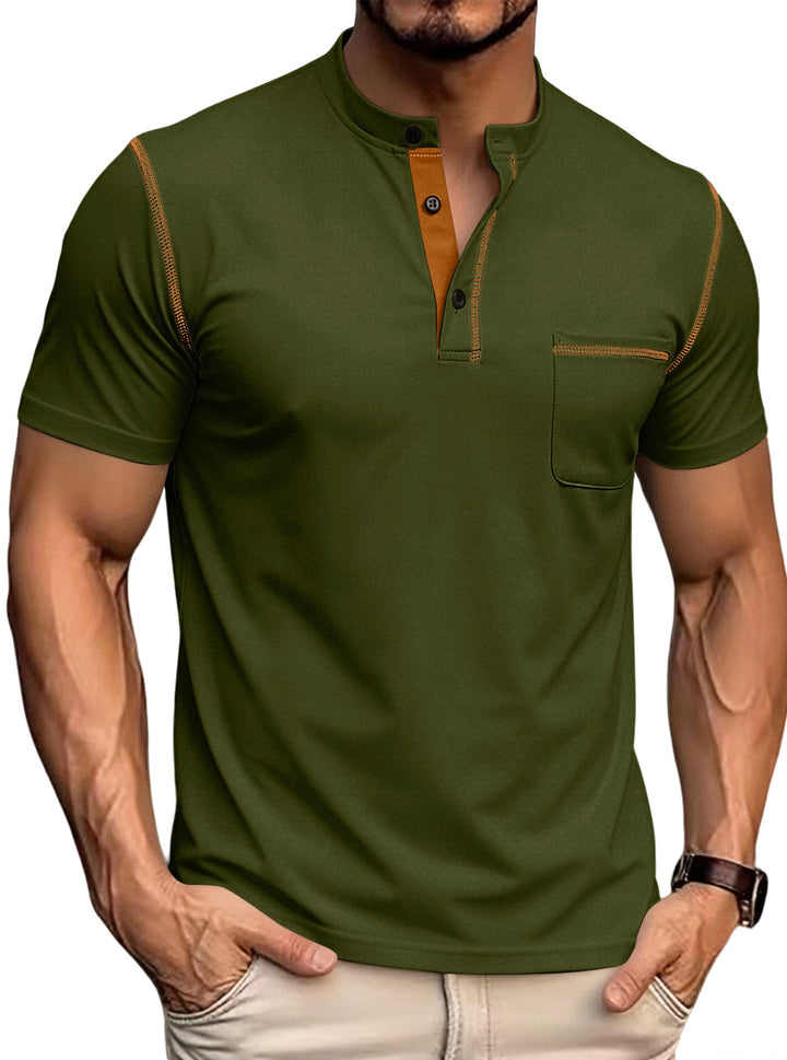 Herren nan kurzärmeliges Henley-Shirt mit Stehkragen, Brusttasche und kontrastierenden Ziernähten Drune
