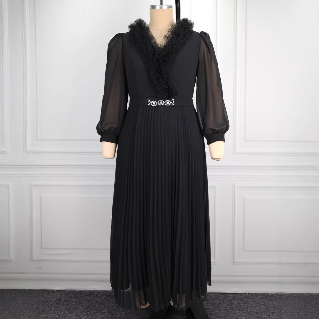 Damen Elegantes plissiertes Midi-Kleid mit Rüschendetails Drune