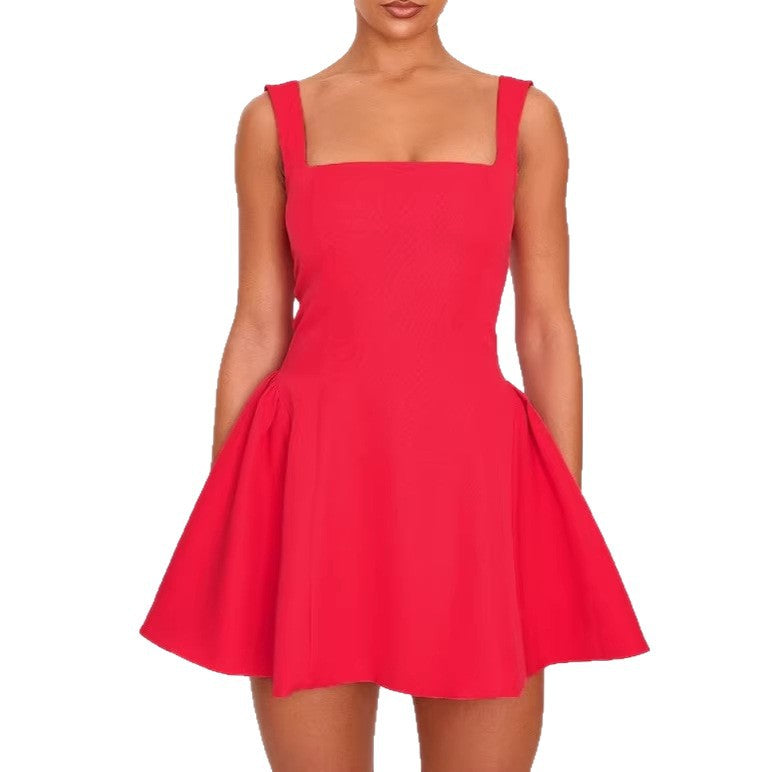 Damen A-Linien Kleid mit quadratischem Ausschnitt und angeschnittenen Taschen Drune