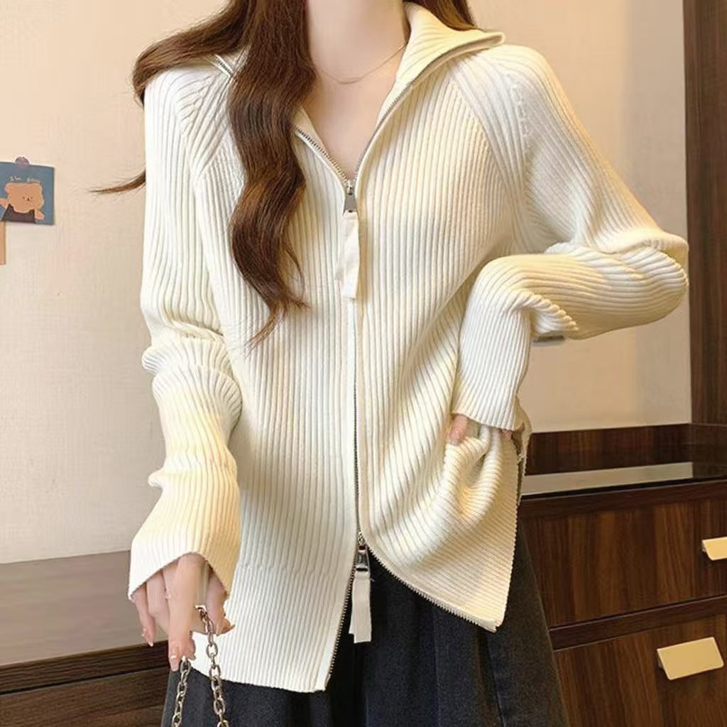 Damen Modische Strickjacke mit Stehkragen und Reißverschluss Drune