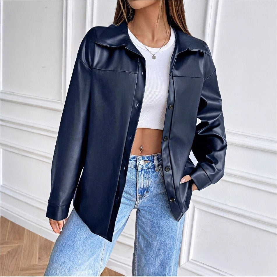 Damen modische Kunstlederjacke im schicken Oversized-Stil Drune