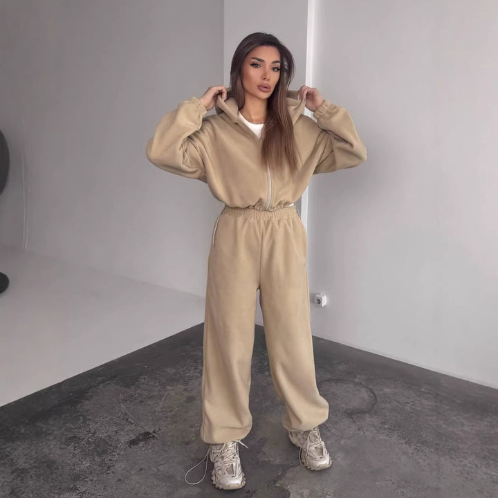 Damen Oversized Fleece-Jogginganzug mit Kapuze und weiten Beinen Drune