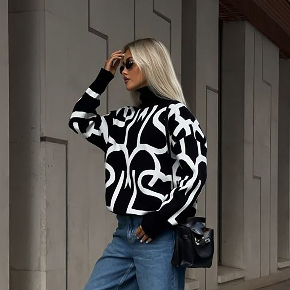 Damen Oversized Strickpullover mit modernem Grafikdesign Drune