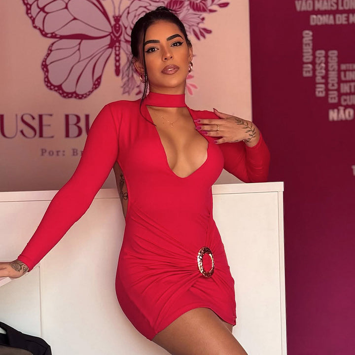 Damen Minikleid mit tiefem V-Ausschnitt und eleganter Raffung Drune