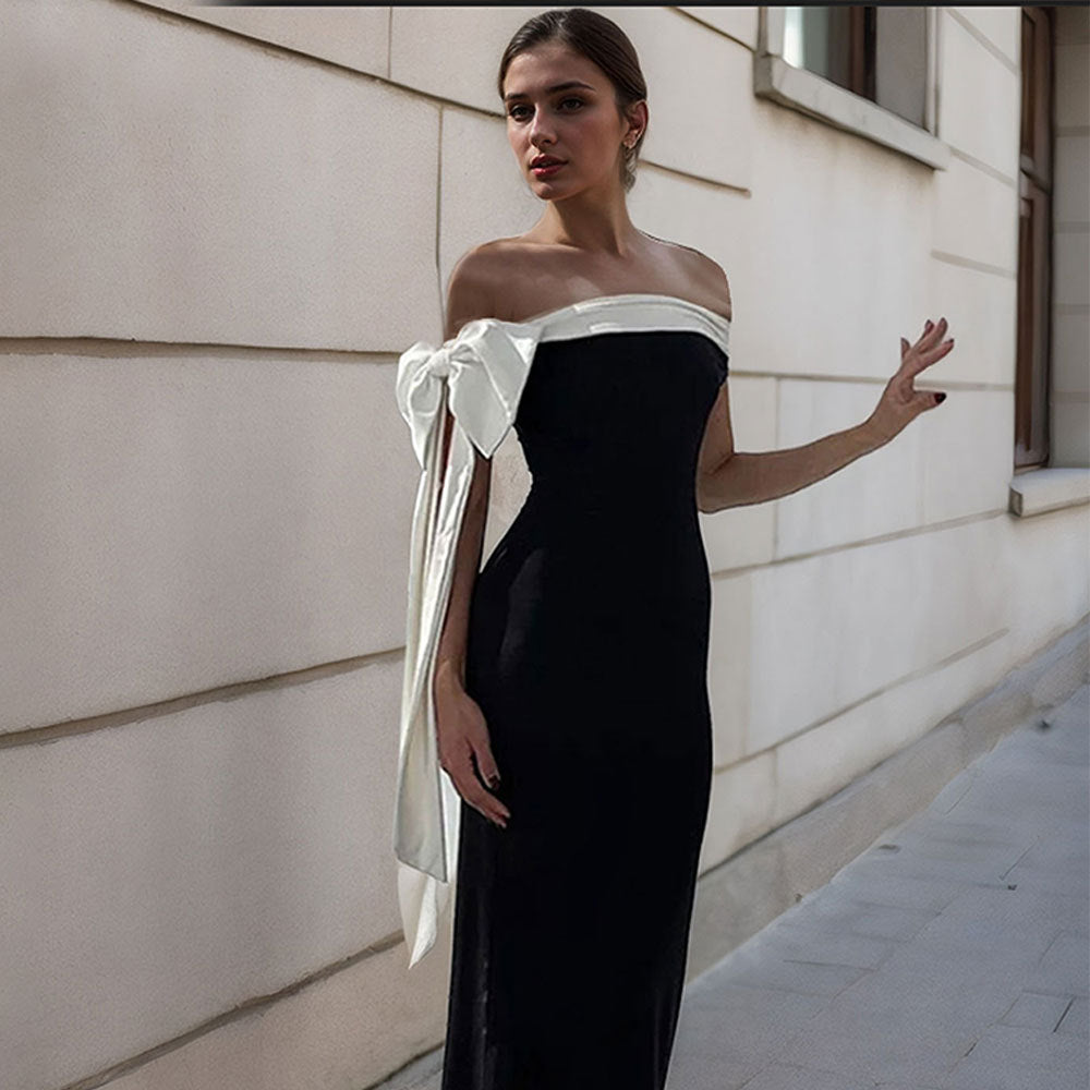Damen Maxikleid mit schickem Off-Shoulder Design und elegantem Schleifenakzent Drune
