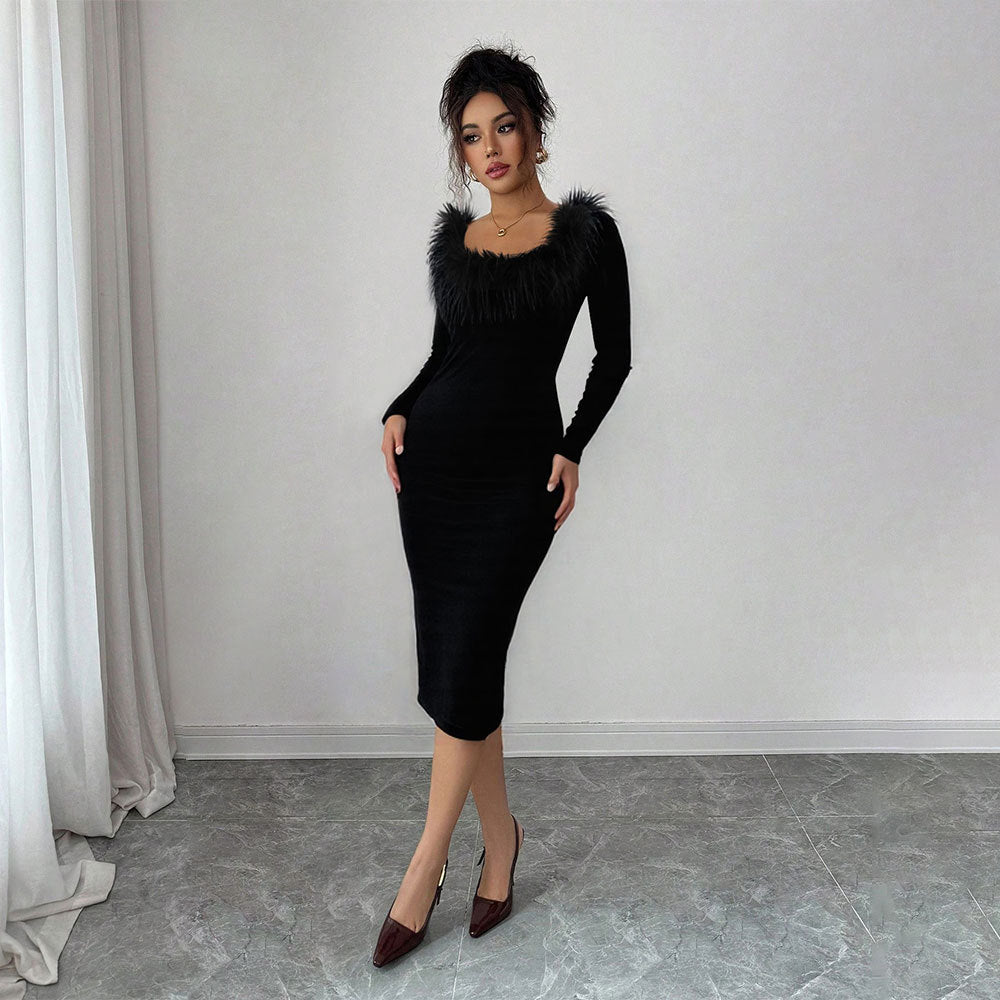 Damen Midi-Kleid mit eleganter Federverzierung und seitlichem Schlitz Drune