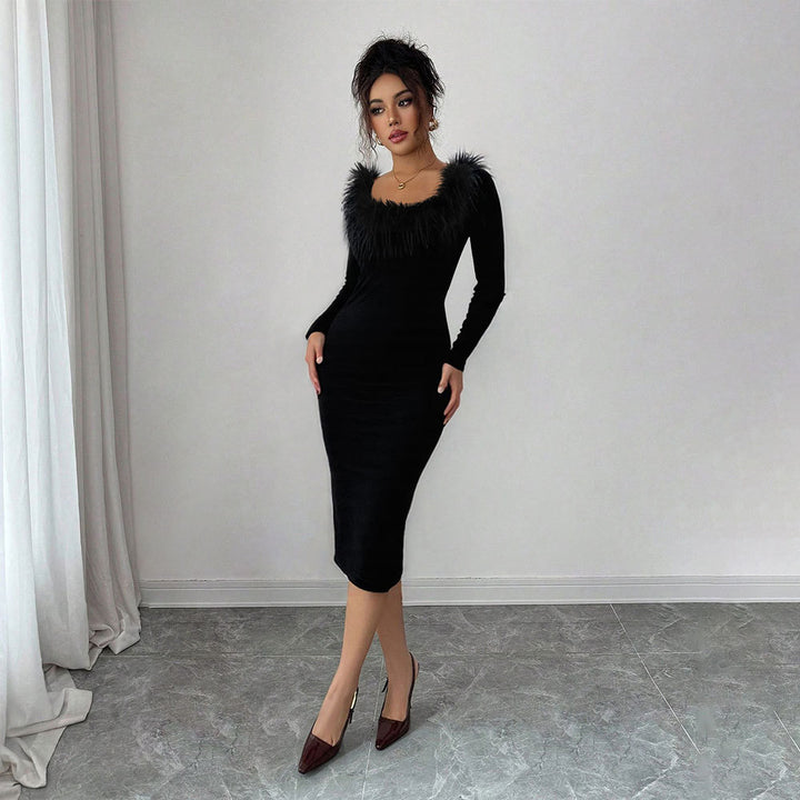 Damen Midi-Kleid mit eleganter Federverzierung und seitlichem Schlitz Drune