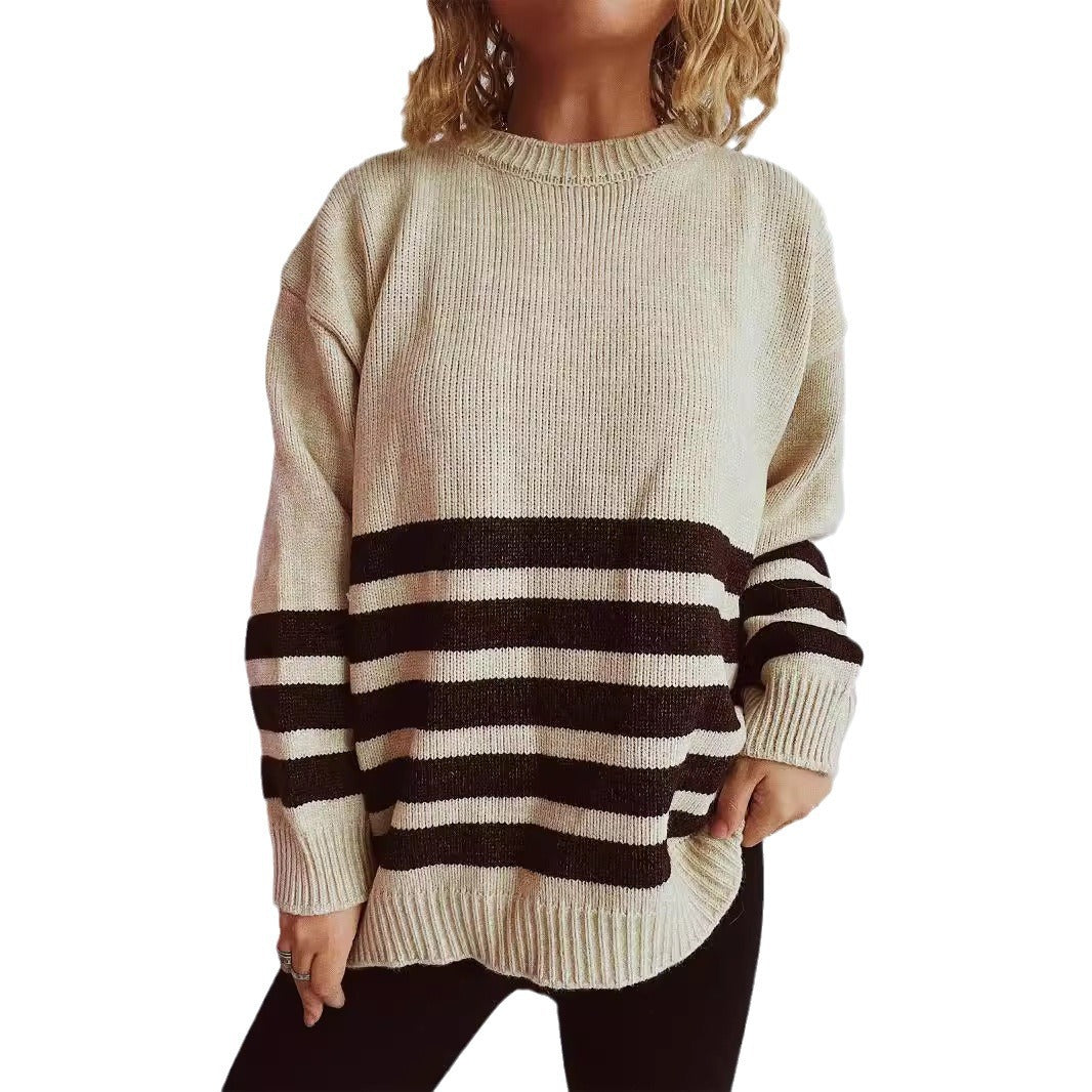 Damen lässiger Strickpullover mit breitem Streifenmuster Drune