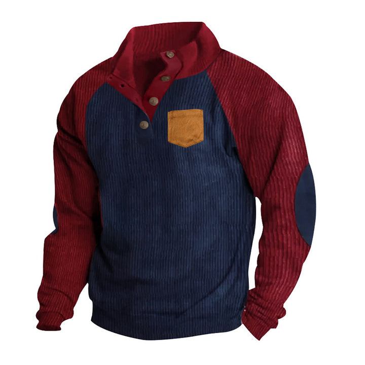 Herren nan strukturierter Halbknopf-Strickpullover im Cord-Look mit Raglanärmeln, aufgesetzter Brusttasche und Ellenbogenpatches Drune
