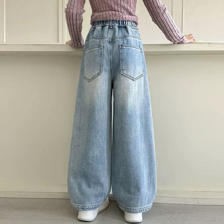 Damen weite Denim-Hose mit hoch tailliertem Schnitt Drune