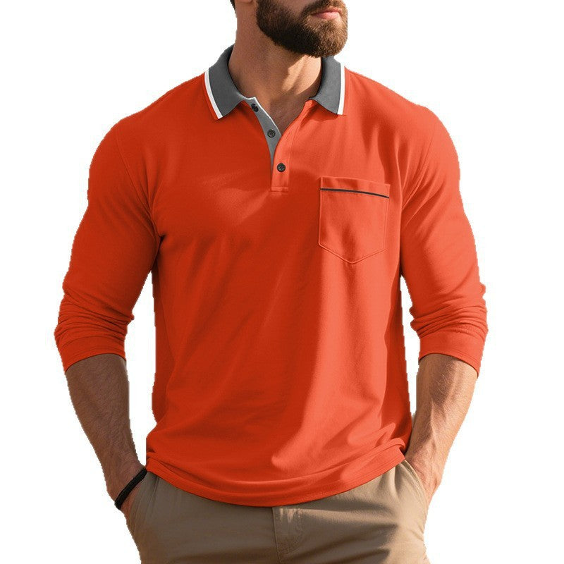 Herren nan langärmeliges Polohemd mit Kontrastkragen, Brusttasche und feinem Baumwollstretch Drune