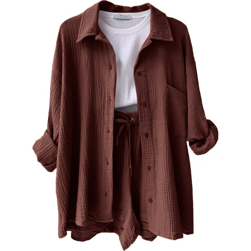 Damen lässiges Komfort-Set aus kurzem Top und Oversized-Hemd Drune
