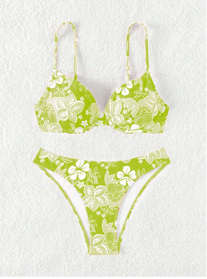 Damen gepolsterter Triangel-Bikini mit floralem Design und verstellbaren Trägern Drune