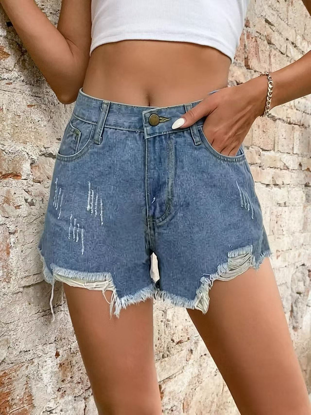 Damen modische Destroyed Denim-Shorts mit fransigem Saum Drune