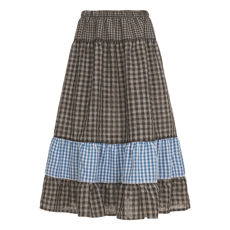 Damen nan mehrlagiger Baumwoll-Stufenrock mit elastischem Taillenbund, kontrastierendem Gingham-Band und Volant Drune