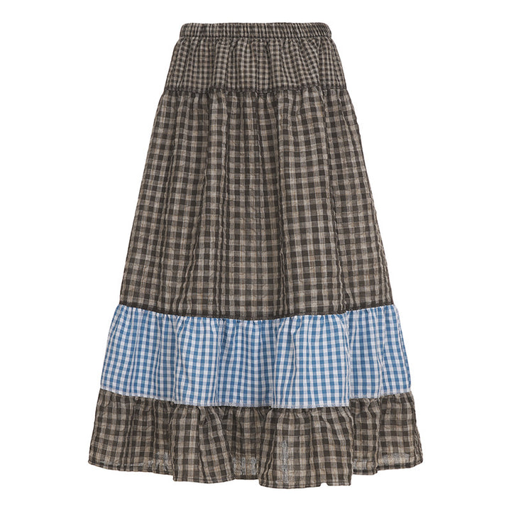 Damen nan mehrlagiger Baumwoll-Stufenrock mit elastischem Taillenbund, kontrastierendem Gingham-Band und Volant Drune