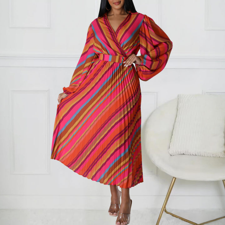 Damen Maxikleid mit elegantem Wickelkragen und farbenfrohem Streifenmuster Drune