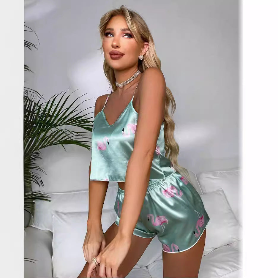 Damen Satin-Nachtwäsche Set mit Leopardenmuster und verstellbaren Trägern Drune