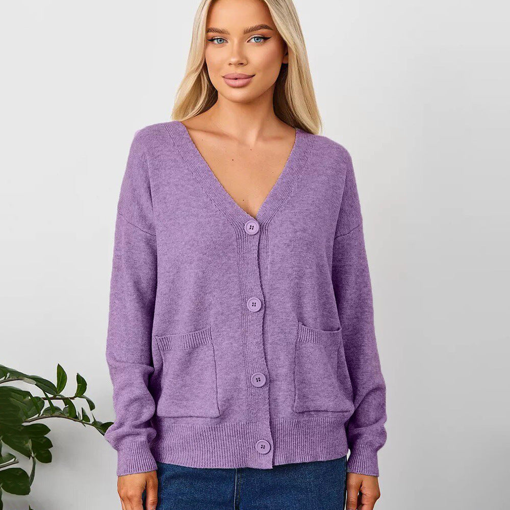 Damen lässiger Strickcardigan mit V-Ausschnitt und praktischen Taschen Drune