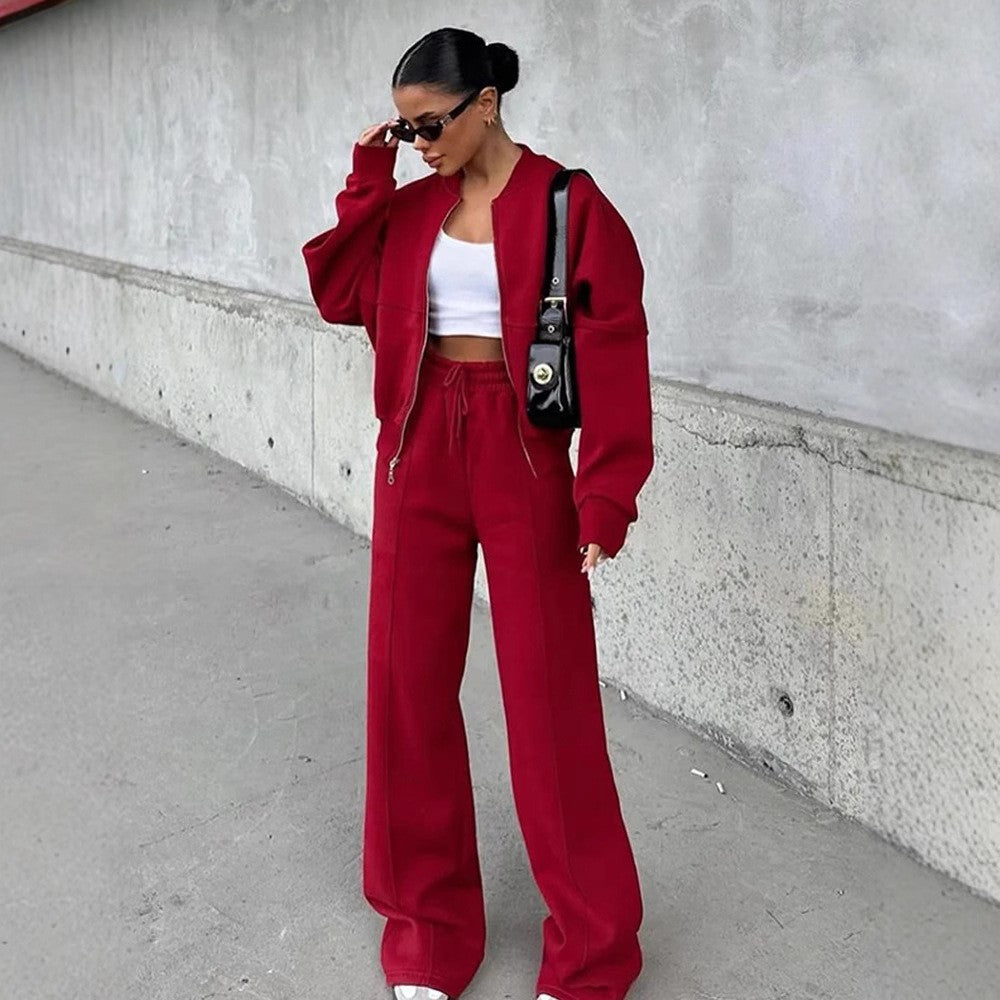 Damen nan Oversize Reißverschlussjacke mit weiter High-Waist Loungehose Set Drune