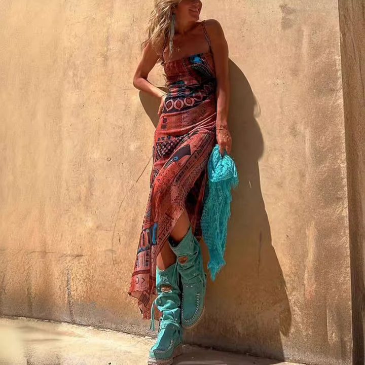 Damen Maxikleid mit asymmetrischem Ethno-Muster und schmalen Spaghettiträgern Drune