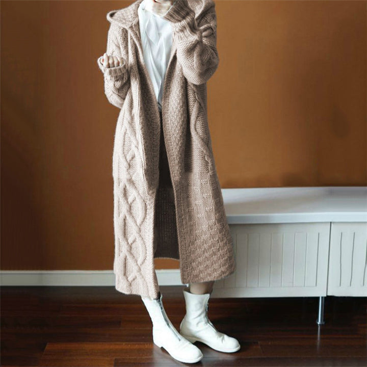 Damen Langer Strickmantel mit Kapuze und Kabelmuster Drune