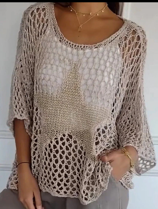 Damen nan oversized gehäkelter Pullover mit Sternapplikation und 3/4-Ärmeln Drune