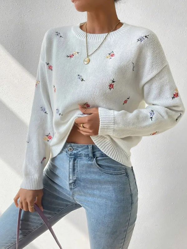 Damen festlicher Pulli mit floralen Stickereien und lässigem Schnitt Drune