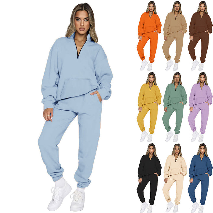 Damen nan French‑Terry Relax‑Loungewear‑Set mit halbem Reißverschluss, Kängurutasche und taillierter, schmal zulaufender Jogginghose Drune