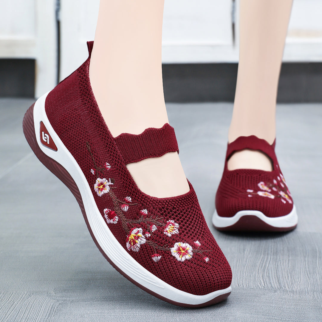 Damen nan bestickter gestrickter Slip-On Sneaker mit Mary-Jane Riemen und stoßdämpfender EVA-Sohle Drune