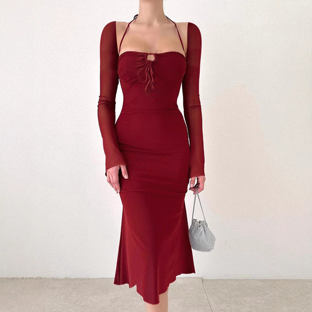 Damen figurbetontes Elegantes Kleid mit langen Ärmeln und raffiniertem Ausschnitt Drune