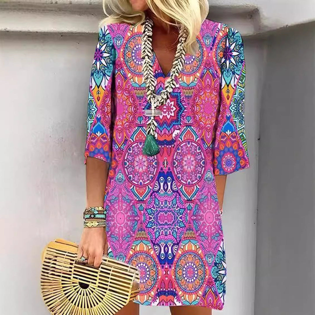Damen nan kurzes Boho Strandkleid im Mandala-Print mit V-Ausschnitt, dreiviertel-Ärmeln und legerer A-Linie Drune