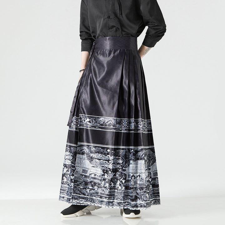 Damen nan Maxi-Rock mit breitem Taillenbund ornamentaler Bordüre und plissierten Falten Drune