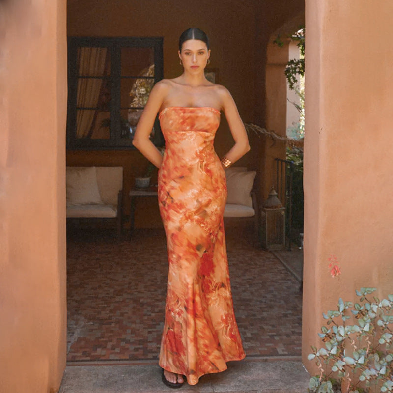 Damen elegantes strapless Maxikleid mit floralem Design und figurbetontem Schnitt Drune