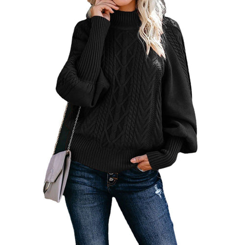 Damen Grober Strickpullover mit hohem Kragen und Ballonärmeln Drune