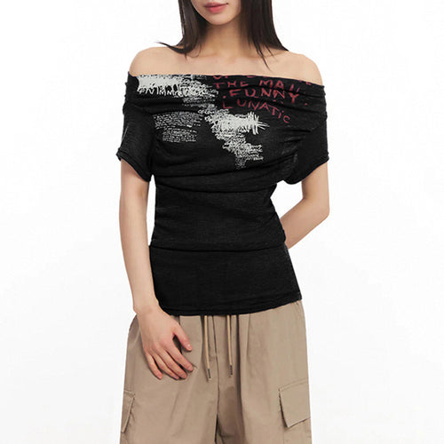Damen Off-Shoulder T-Shirt mit künstlerischem Druck und figurbetontem Schnitt Drune