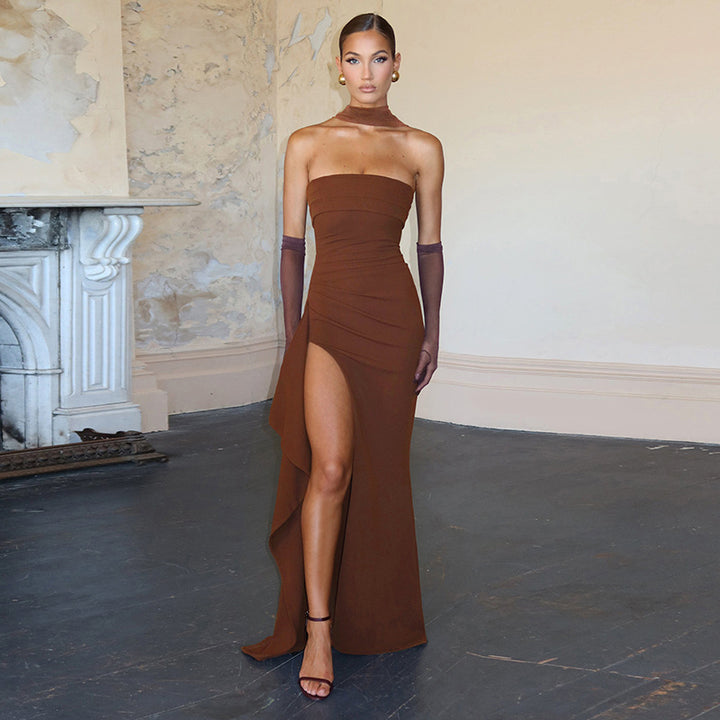 Damen Elegantes Wickelkleid mit hochgeschlossenem Design und kreativer Drapierung Drune