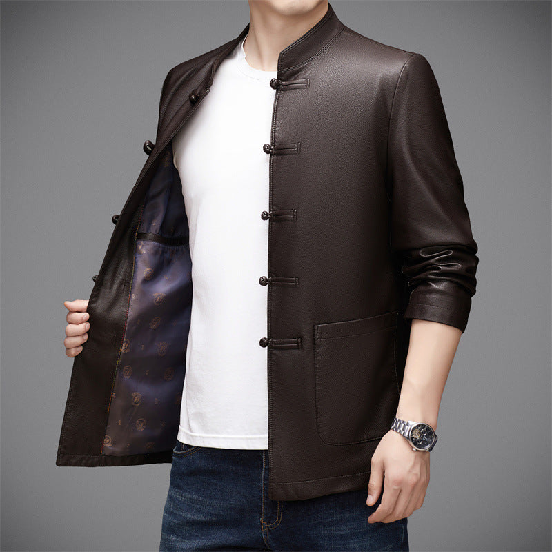 Herren Lederjacke mit asiatischem Stehkragen und praktischen Taschen Drune