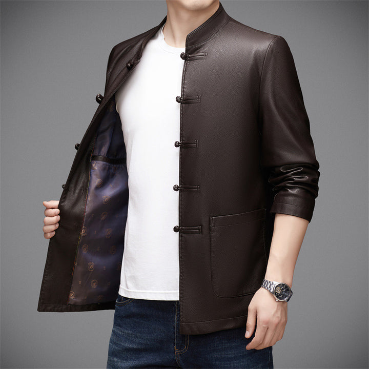Herren Lederjacke mit asiatischem Stehkragen und praktischen Taschen Drune