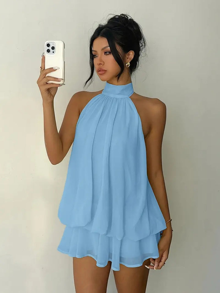 Damen luftiges Wickelkleid mit elegantem Stehkragen und fließendem Saum Drune
