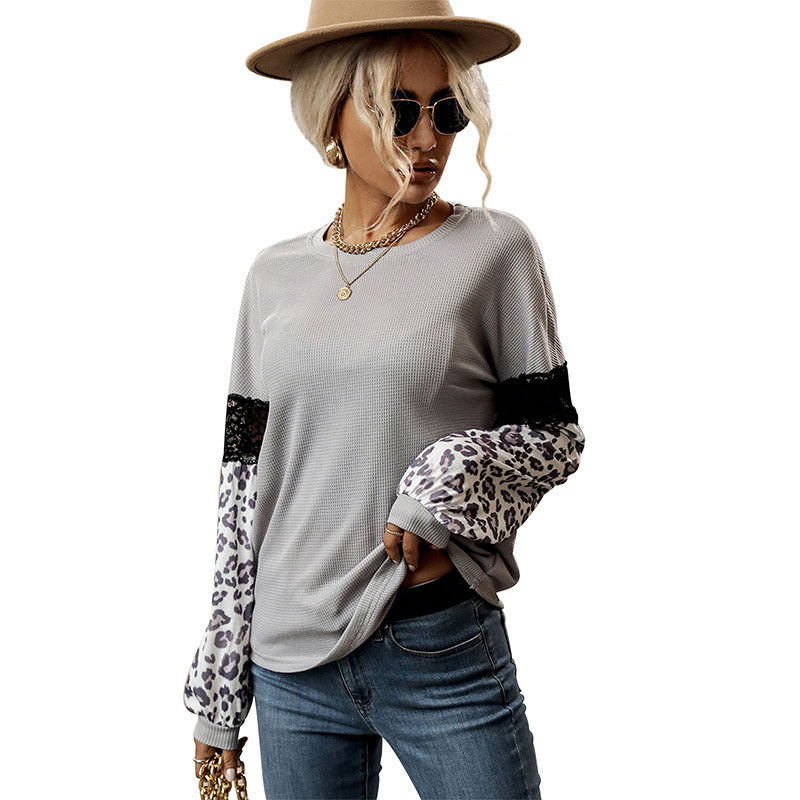 Damen modischer Pullover mit floralen Spitzenärmeln und dezente Leopardenmuster Drune